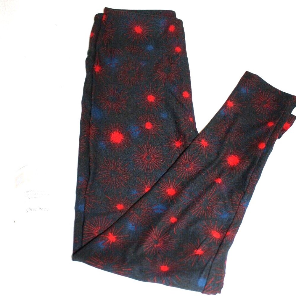 LuLaRoe OS Fireworks Americana Patriotic Leggings One Size Black Blue Red EUC